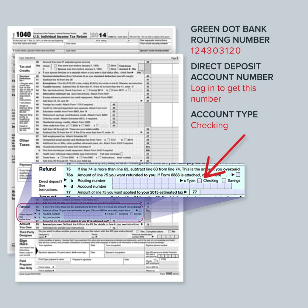 1040 form showing how to get your tax refund direct deposited to your Green Dot card account